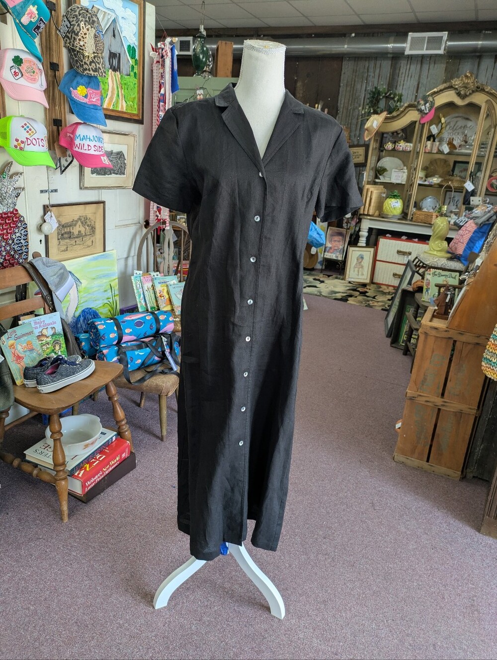 1990s Cottagecore Vintage 100% Linen Classic Black Button-Front Midi Dress